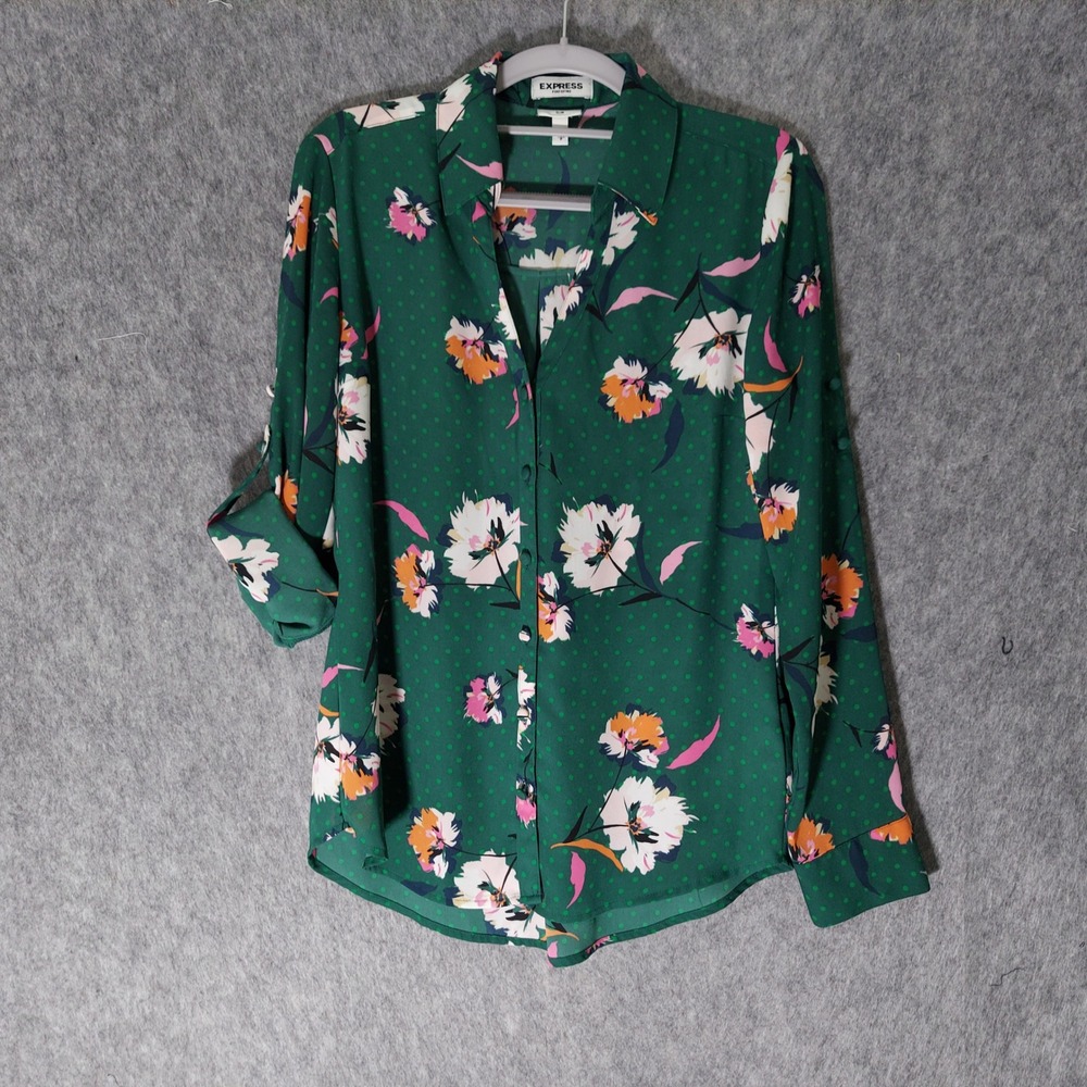 Express Womens Portofino Blouse S Green Floral Polka Dot Slim Roll Tab Top